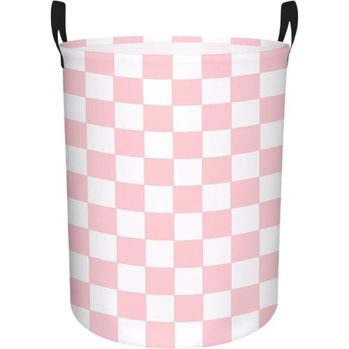 Boys Checkered Laundry Basket Collapsible Baby Gift Hamper Girls Canvas Toy Organizer Bins Kids Car Nursery Room Decor (Pink)