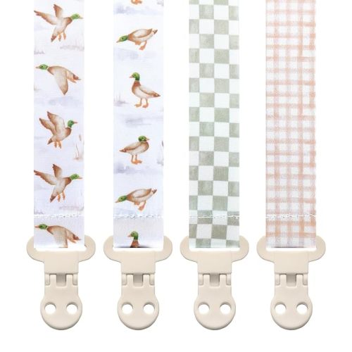 Stadela Baby Pacifier Clip Holder - Boy and Girl Unisex 4 Pack Gift Set – Neutral Checker Gingham Plaid Ducks Mallards Beige Brown and Green