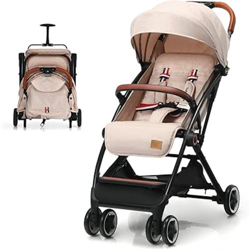 Lightweight Baby Stroller, Compact Toddler Travel Stroller for Airplane, Infant Stroller w/ 5-Point Harness, Adjustable Backrest/Footrest/Canopy, Storage Basket, Easy One-Hand Fold, Beige
