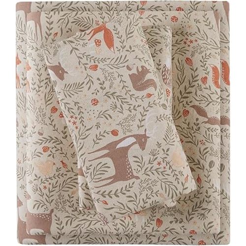 Comfort Spaces Cotton Flannel Sheets Queen Size, Ultra Soft Flannel Sheet Set with 14" Elastic Pocket, Novelty Print Warm Flannel Bedding, Taupe Woodland Forest 4 Piece