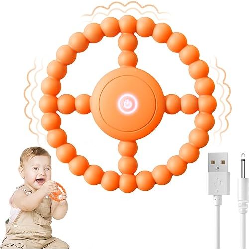 Vibrating Sensory Teething Toys,Baby Toys 6-18 Months, Autism Support & Oral Development, USB Rechargeable Teether for Toddlers, 1-2 Year Old Boys Christmas Girls Gifts idea (Orange)