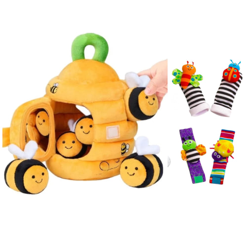 Baby Sensory Toys Set for Infants 0-12 Months – Plush Beehive & Wrist Rattle Socks, Montessori Developmental Toy Gift Set