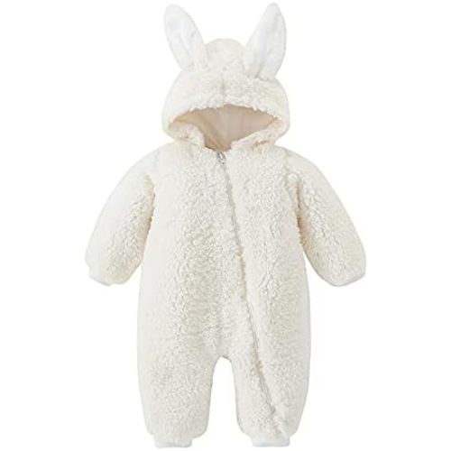 Newborn Baby Boy Girl Fleece Hooded Jumpsuit Snowsuit Cute Rabbit Ear Romper Winter Coat Bunny Warm Thick Outerwear