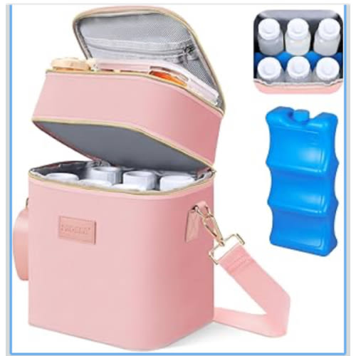 Insulated Breastmilk/Baby Bottle Cooler Bag & Ice Pack Fits 6 Bottles Double Layer Waterproof Leak-Proof with Shoulder Strap for Nursing & Working Mom