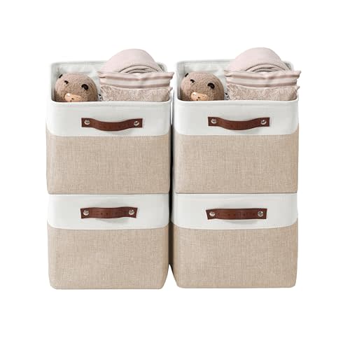 DECOMOMO Storage Bins, Large Fabric Storage Baskets for Shelves 4 Pack | 15 x 11 x 9.5 inches Decorative Linen Closet Organizers (Beige & White)