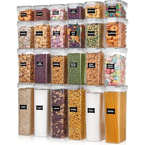 Vtopmart Airtight Food Storage Containers with Lids, 24 pcs Plastic Kitchen and Pantry Organization Canisters for Cereal, Dry Food, Flour and Sugar, BPA Free, Includes 24 Labels，Gray