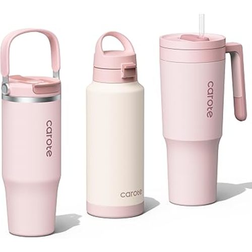 CAROTE 3-Pack Insulated Stainless Steel Water Bottles, Cup Holder Compatible for Travel, Upgraded Leak Proof, 32/32/40 oz Built-In Straw Tumblers Set for Daily Use/Outdoor (Peach)