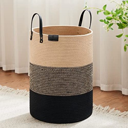 VIPOSCO 72L Tall Woven Rope Laundry Hamper, Leather Handles, Brown & Black