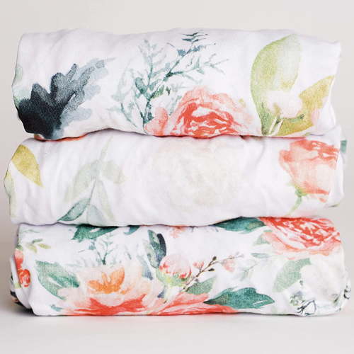 NODNAL CO. Pink Cotton Floral Bassinet Fitted Sheet Set, 100% OEKO-TEX Cotton, 3 Pieces, Peony and Eucalyptus Flowers, for Newborn Baby Girl Nursery Bedding