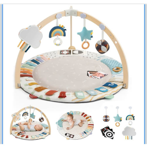 Blissful Diary Baby Play Gym & Activity Mat, 5 Developmental Zones Wooden Tummy Time Mat with 5 Detachable Sensory Toys for Motor Skills & Sensory Development, Baby Essentials Shower Gift