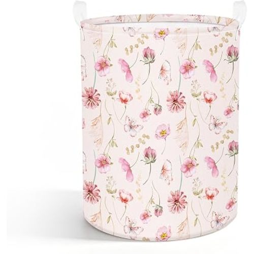 Flower & Butterfly Folding Laundry Basket,Storage Basket with Handles