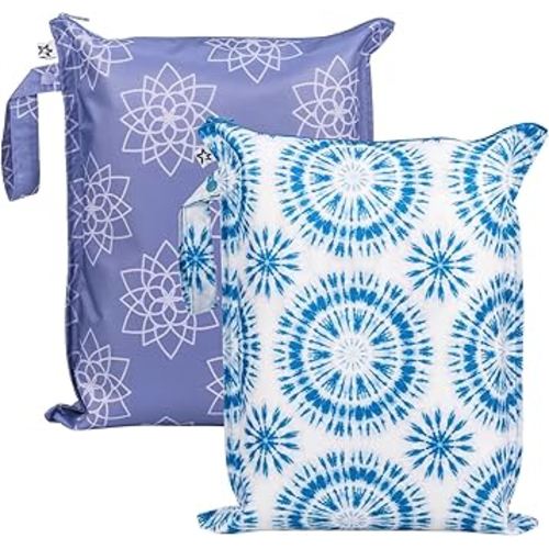 Tiny Twinkle Mess Proof Wet Bags | 2-Pack Reusable Waterproof Wet Bags for Swimsuits | Baby Clothes | Travel & Diaper Bag (Lotus,Blue Tie Dye)