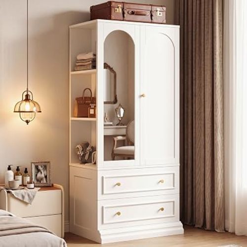 LIKIMIO Armoire Wardrobe Closet with Full Length Mirror, 3 Open Shelves
