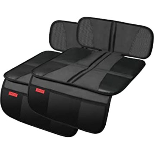 Car Seat Protector - Seat Protection Mat - Thick Padding - Durable, Waterproof Fabric, Leather Reinforced Corners & 3 Pockets for Handy Storage (2 Pack) Black