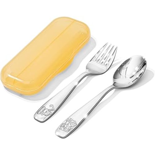KINGSTONE Toddler Utensils Set with Case, 18/10 Stainless Steel Kids Silverware - Small Fork & Spoon, Construction Vehicle, Digger & Dump Truck Food-Grade Toddler Dishes, Dishwasher Safe
