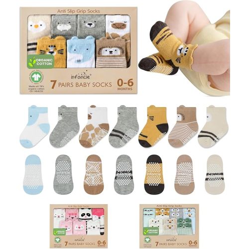Organic Cotton GOTS Certified Non-Slip Baby Socks 0-6 Months - 7 Pairs Soft Breathable Newborn Socks Animal Design For Infant
