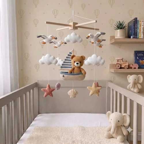 Sailboat Baby Mobile, Crochet Baby Crib Mobile, Teddy Bear Nursery Decor, Nautical Baby Mobile, Ocean Nursery, Baby Shower Gift,Newborn Gift