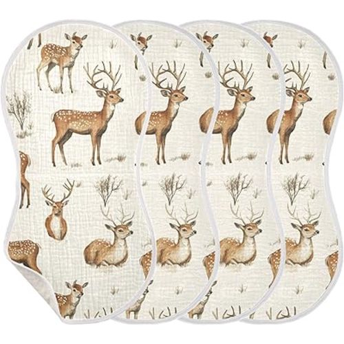 Vintage Forest Deer Burp Cloths Baby Boys Girls Absorbent Soft Cotton Burping Cloths Rags, 4 Pack