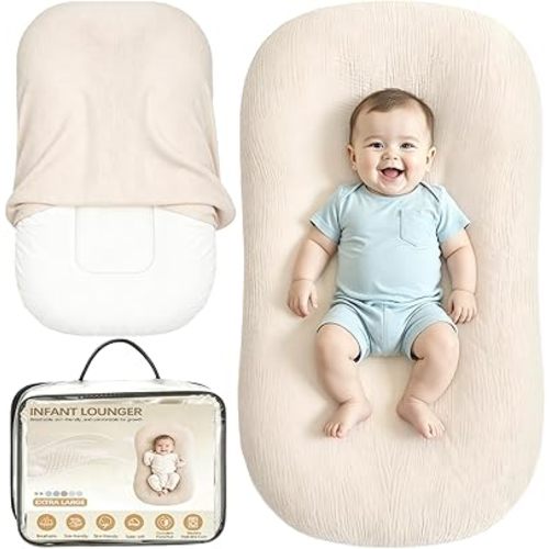 Baby Lounger & Baby Nest, Extra Large Muslin Infant Lounger for Newborns | Breathable & Soft, Portable Tummy Time Mat for Home and Travel, Essential Baby Gift, 1 Lounger + 1 Cover, Beige