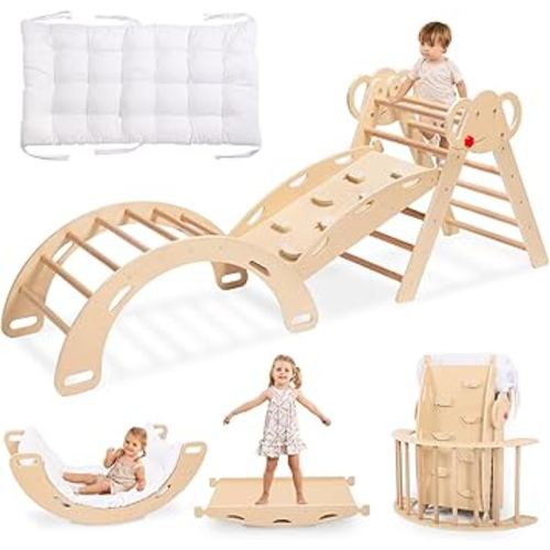 wingyz Pikler Triangle Climbing Set with Cushion,Foldable 8 in 1 Jungle Gyms for Toddlers 1-3, Indoor Playground for Kids,Baby Montessori Climbers & Play Structures(Teak)