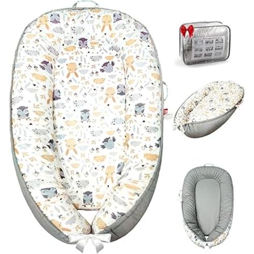 Baby Lounger for Newborn 0-24 Months, Baby Nest Cover Breathable and Soft Cotton, Infant Lounger with U-Shaped Safety Bumper for Cozy Comfort Baby Essentials (Owl Rabbit)