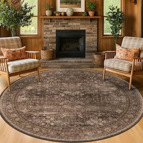 Boho Brown Circle Rug for Living Room Rug - Vintage Traditional Oriental Neutral Dark, Washable Low Pile Non-Slip 6ft Round Area Rugs for Kids Playroom, Dining Under Table, Fireplace, Heath