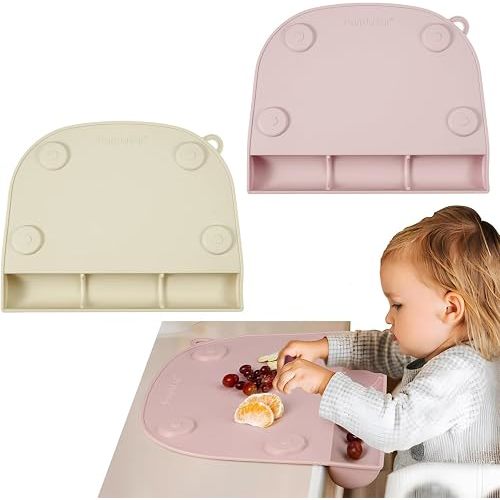 PandaEar 2-Pack Silicone Baby Placemats with Food Catcher, Non-Slip Suction Toddler Place Mats for Dining Table & High Chair, Waterproof Easy-Clean Reusable Table Mat (Pink & Linen)