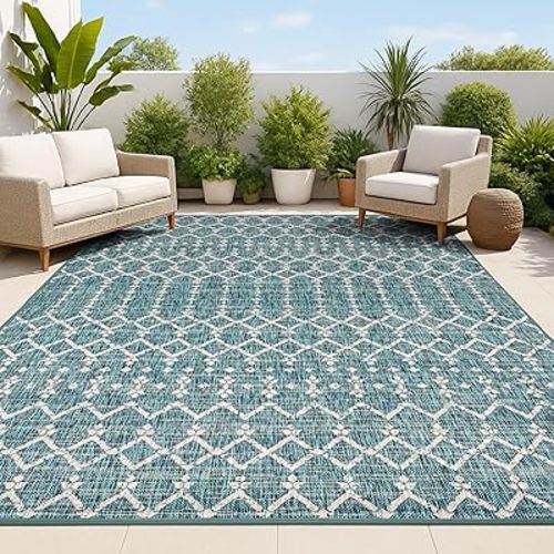JONATHAN Y SMB108C-8 Ourika Area Rug Moroccan Geometric Textured Weave Bedroom Kitchen Backyard Patio Teal/Gray 8 X 10