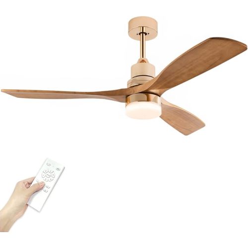 Modern Indoor Ceiling Fan with Light Remote Control,3 Solid Wood Blades,6 Speed DC Motor,22W Dual Color LED, Outdoor Ceiling Fan Chandelier for Living Room,Bedroom,Patio,Dining Room (Glossy Gold 52in)