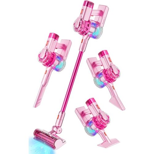 4-in-1 Kids Toy Vacuum That Works with Suction, Electric Toy Toddler Vacuum Cleaner for Children Ages 3 4 5 6+ Boys & Girls,Toddlers Toys Cleaning Set for Pretend Play (Pink)