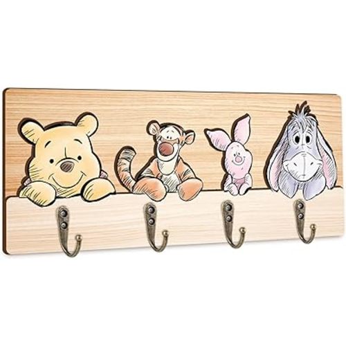 Winnie Nursery Bathroom Bedroom Wall Decor, Wooden Hanger Rail with 4 Pegs,The Pooh Tigger Eeyore Wall Hooks, Winnie Nursery Hook Cute Towel Hanger, The Pooh Home Decoration for Kids Room