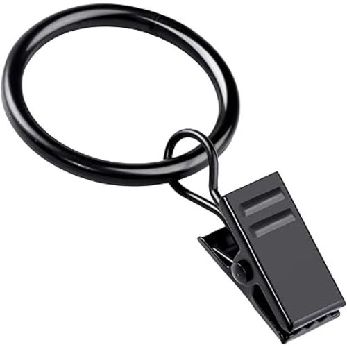 Teenitor 20 Pack Black Curtain Rings with Clips, Curtain Hooks Curtain Clips with Rings, Drapes Rings 1.26 Inch in Diameter, Fits up to 1 in Diameter Curtain Rod, Black