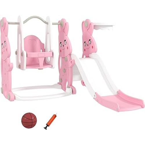 Qaba 4 in 1 Toddler Slide and Swing Set, Kids Playset for Ages 1.5-4, Rabbit Themed Children Slide Playground with Climber, Basket Hoop, for Indoor Outdoor Backyard, Pink