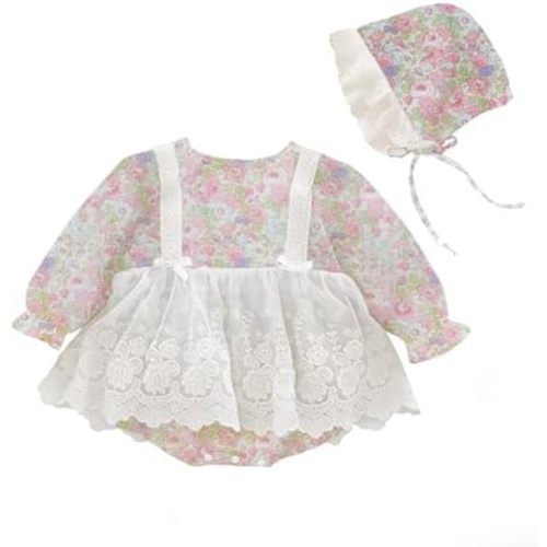 Baby Girl Floral Romper, Long Sleeve Lace Dress Bodysuit with Bonnet, Princess Style Outfit for Newborn and Infant