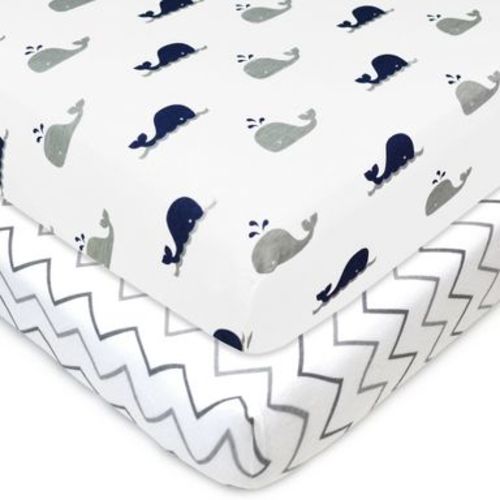 TL Care Printed 100% Cotton Knit Fitted Playard sheet - Zigzag Navy Whale & Gray 2pk