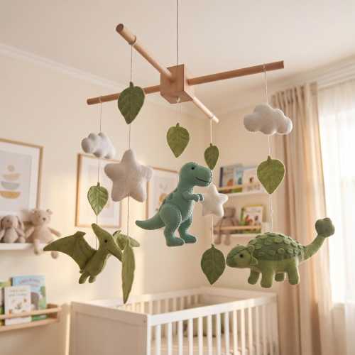 Felt Dinosaur Baby Mobile, Woodland Nursery Crib Decor, Teddy Bear Clouds (Handmade)