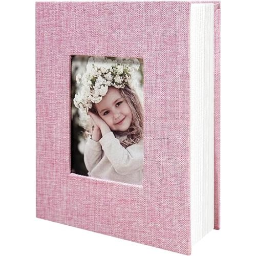 Photo Album 4x6 100 Pockets, Linen Cover Top Loader Vertical, Slip-in Picture Pink Pockets Albums for Wedding, Family, Anniversary, Baby, Vacation