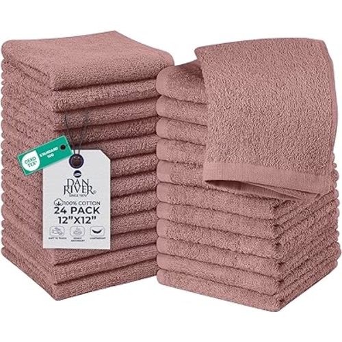 DAN RIVER 24 Pack Wash Cloths for Showering [12x12] - 100% Cotton Washcloths Premium Quality Flannel Face Cloths for Bathroom, Highly Absorbent and Soft Feel Wash Clothes, Dusty Pink
