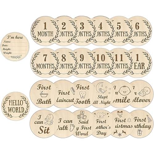 Baby Monthly Milestone Cards with Hello World Newborn Sign, 13Pcs Wooden Baby Announcement Sign, Double Sided Babys Photography Prop, My First Holiday Milestone Perfect Newborn Gift for Boys and Girls