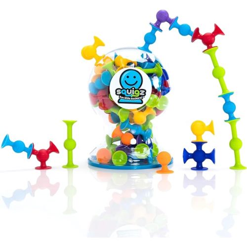 Fat Brain Toys Squigz Deluxe Set - 50-Piece Suction Construction Toys, Suction Bath Toys, Sensory Toys for Kids 3 and Up