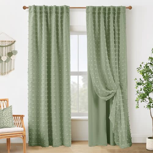 Sage Green Back Tab Pom Pom Curtains for Girls Room Bedroom Nursery Living Room Blackout Curtains Double Layer,96 Inch Length