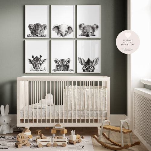 Black & White Peeking Animals Nursery Decor | Animal Themed Baby Room Decor | Printable Art