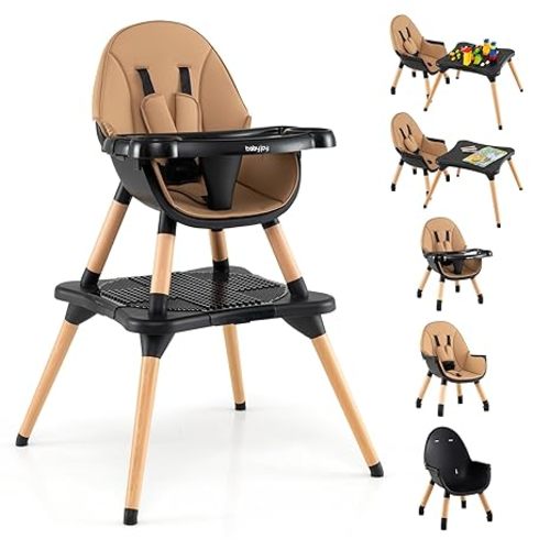 BABY JOY 6 in 1 High Chair, Convertible High Chairs for Babies and Toddlers/Booster Seat/Table and Chair Set, Infant Wooden Highchair w/ 5-Point Harness, 4-Position Removable Tray & PU Cushion, Coffee