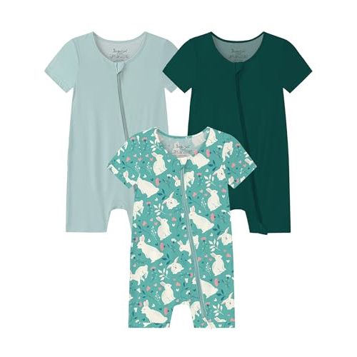 Jimonda Rayon From Bamboo Pajama Baby Short Sleeve Romper Boy Girl Sleeper | 2 Way Zipper, Stretchy, Soft, Viscose, Lightweight, Unisex Infant Pjs, Newborn Clothes, Breathable, Spring Summer, 3 Pack