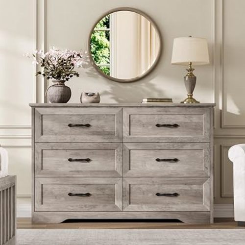 Garvee Farmhouse Wood 47.2" Wide 6 Drawer Dresser for Bedroom, Grey