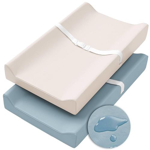 Konssy Vegan Leather Changing Pad Cover for Baby Girls Boys, 2 Pack Waterproof & Wipe-Clean Diaper Chang Table Covers, Soft Changing Pad Sheets (Blue,Beige)