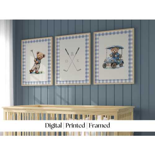 Boy Sports Nursery Golf Art by House of Hari • Sports Bears Plaid Gingham Blue Vintage Boy Nursery Decorating • Digital, Print or Framed