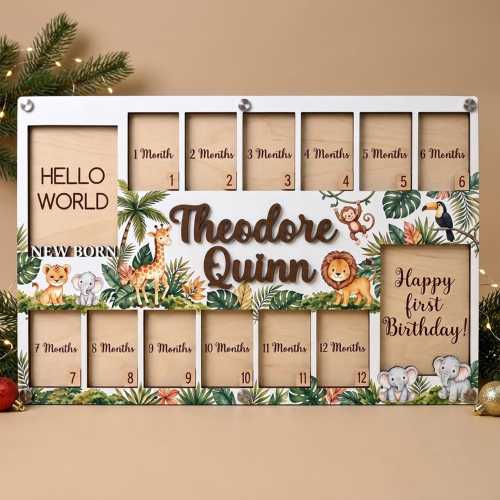 Personalized Safari Baby Photo Board Christmas, First Year Milestone Frame, 12 Month Collage, Custom Name Gift