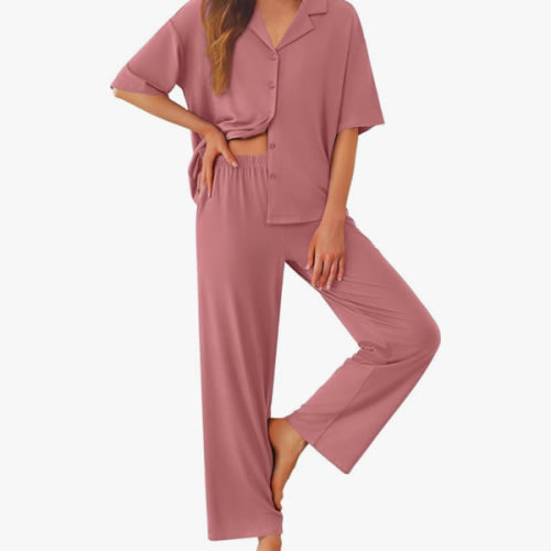 Ekouaer Women Pajamas Set Button Down Sleepwear Short Sleeve Pjs Soft Comfy Nightwear with Long Pants S-XXL