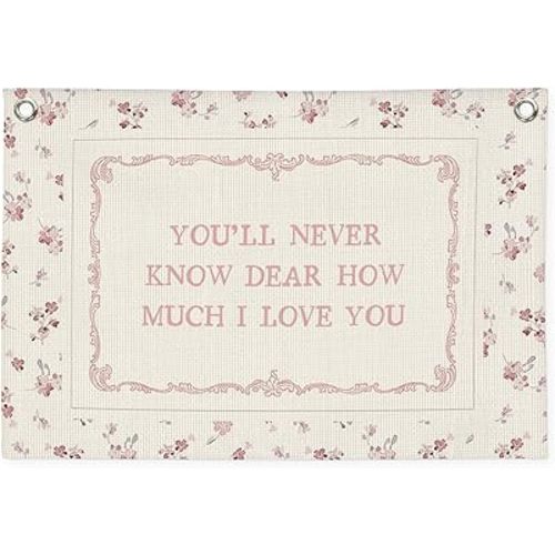 Girls Room Decor,Pink Floral Nursery,Wildflower Nursery Decor Linen Banner Print,You'll Never Know Dear How Much I Love You Wall Decor Hanging Banner for Girls Toddler Nursery